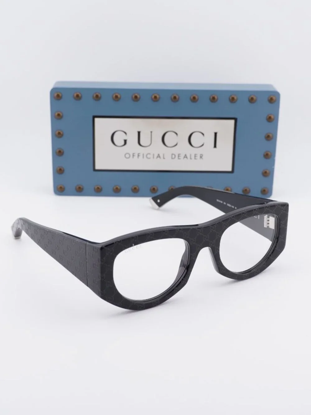 Gucci GG1918S 001 Square Sunglasses - Shiny Black with GG Pattern/Clear UV